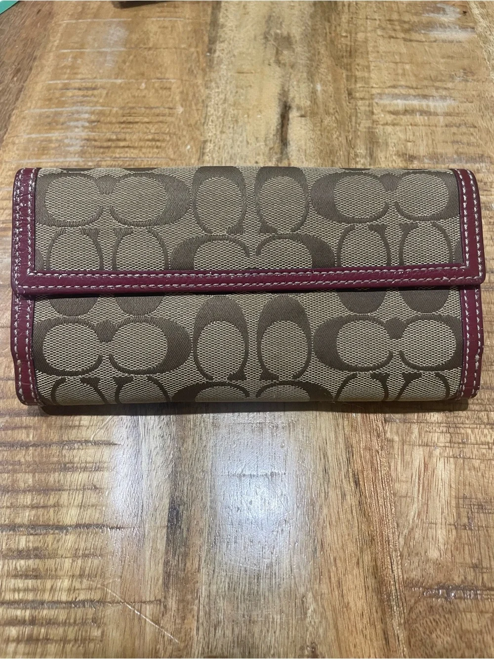 Vintage Coach Signature Canvas Card Wallet with Magenta Leather Trim